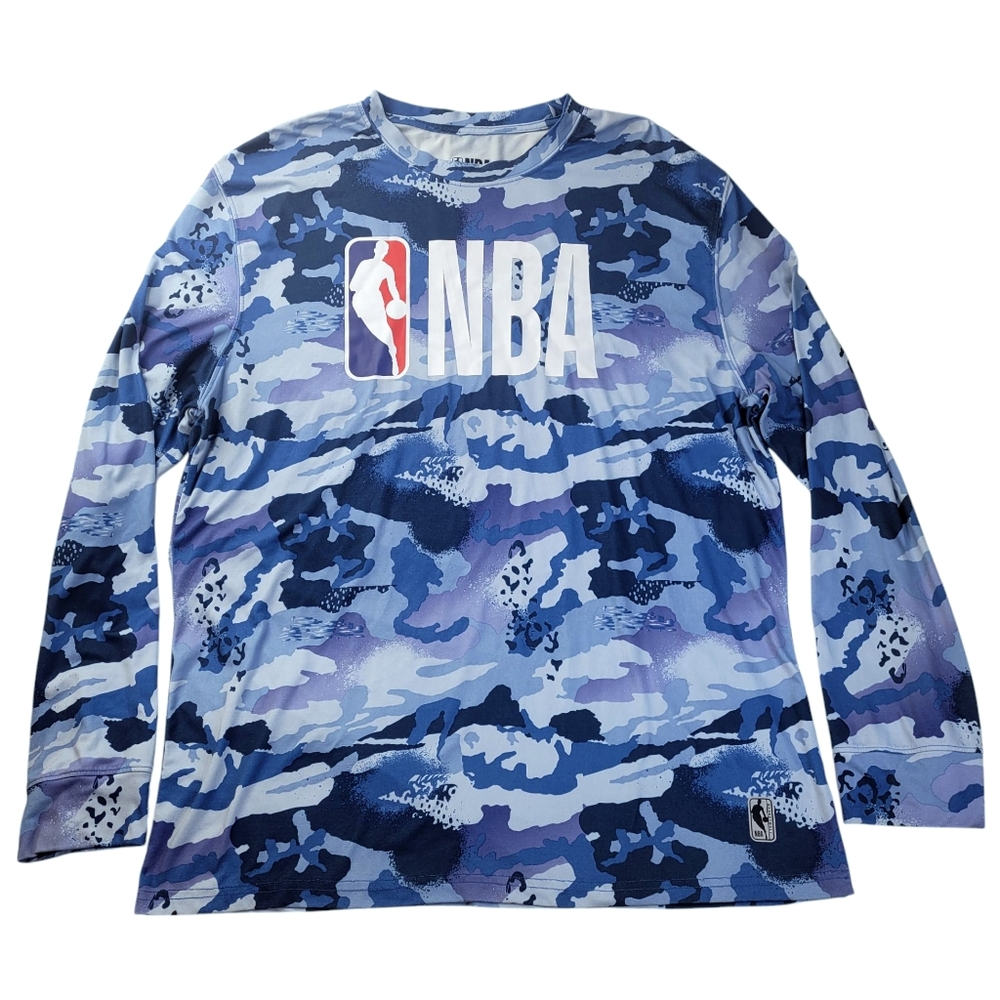 NBA Men's Long Sleeve T-Shirt Blue Camo Crew Neck Official Basketball Shirt SOFT